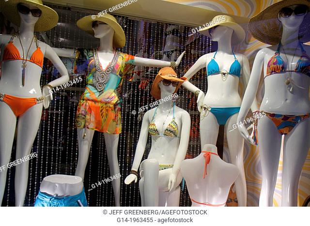 Florida, Miami Beach, Lincoln Road, pedestrian mall, shopping, window, retail display, for sale, mannequins, female, women, beachwear, bathing suits, bikinis