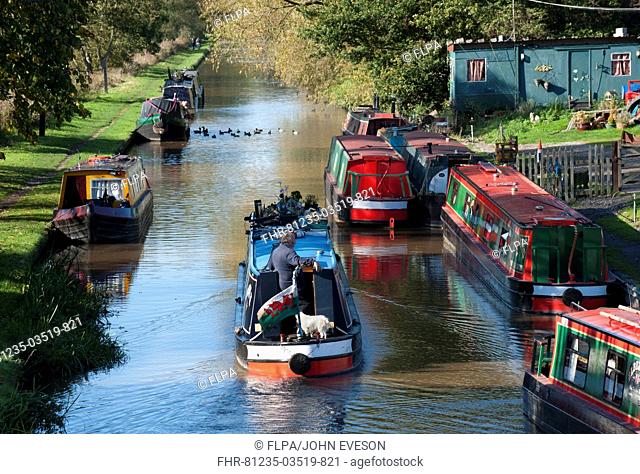 Narrowboats on canal, Shropshire Union Canal, Beeston, Tarporley, Cheshire, England, october