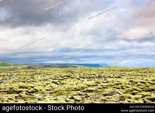 Lava field of moss with mountains in background and dramatic clouds, South coast, Iceland
