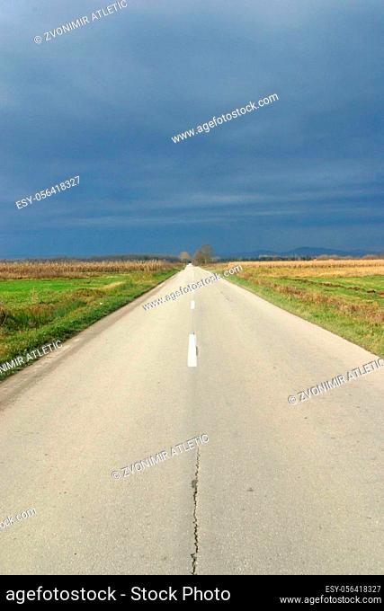 Empty road in autumn day between meadows and fields