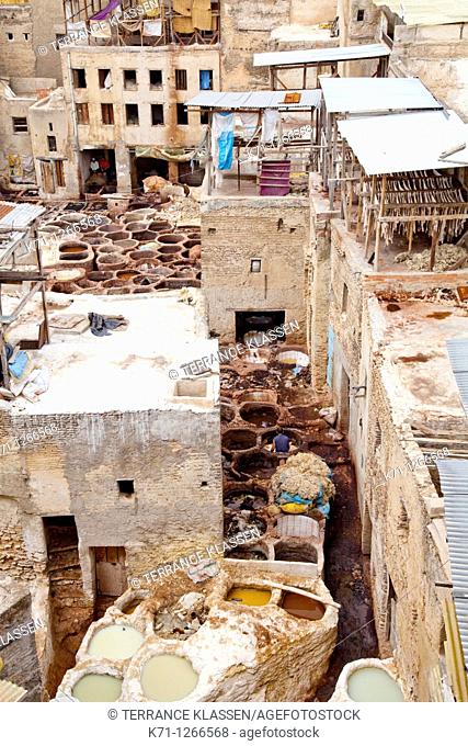View of the tannery process business from an elevated position in the medina, old city of Fes, Morocco
