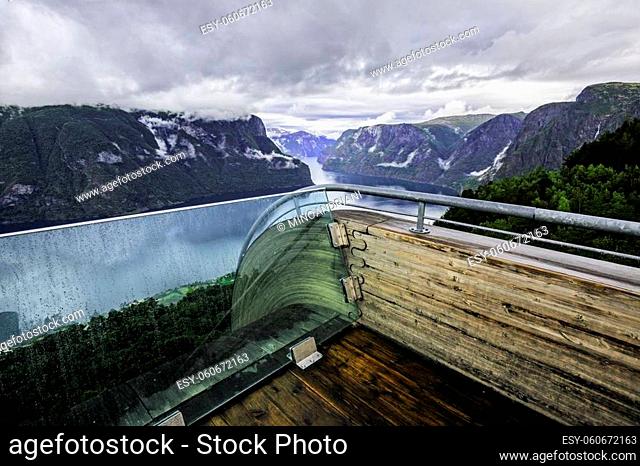 Stegastein viewpoint. The spectacular Stegastein viewing platform, 650 meters above Aurlandsfjord. Aurland, Norway