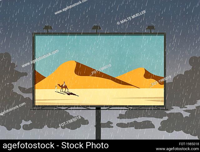 Camel and desert scene on billboard against rainy sky