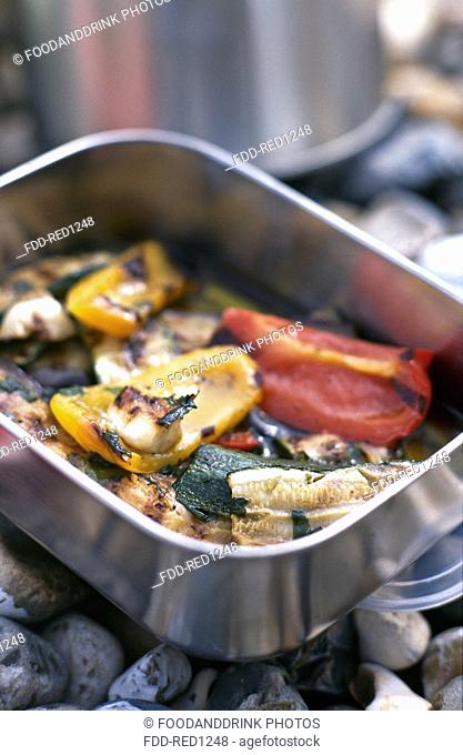 Barbecued peppers and courgettes