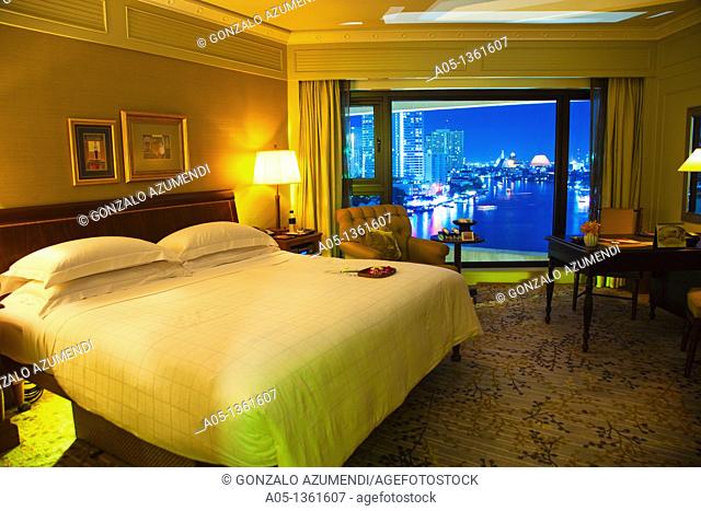 Bedroom with the evening over the Mae Nam Chao Phraya river view  Mandarin Oriental Hotel, Silom District, Bangkok, Thailand, Southeast Asia, Asia