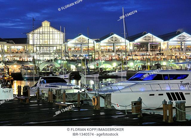 Restaurants in the Waterfront at night, Waterkant district, V & A Waterfront, Cape Town, South Africa, Africa