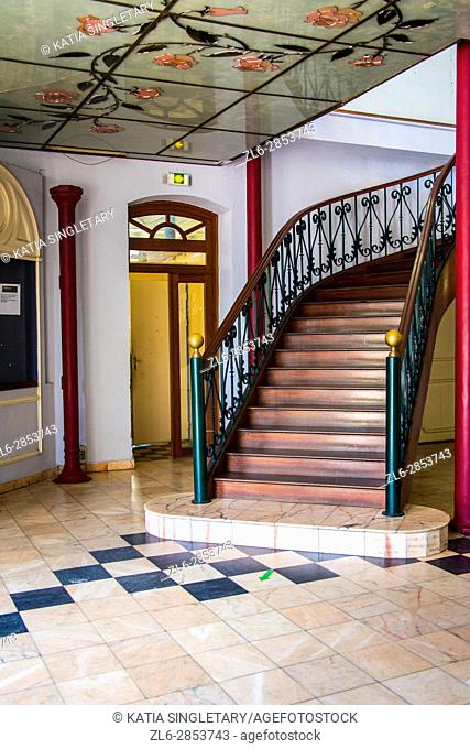 Gorgeous old fashion stairways, stairs, stairways, historical stairs, inside an old typical house of martinique. The floor are ceramics