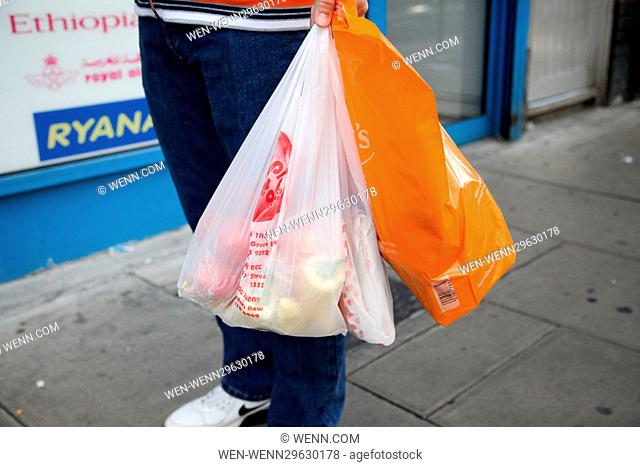 Carrier bags pictured the day before the introduction of England’s 5 pence plastic bag charge started on 5 October 2015. Where: London