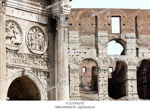Architectural details of the Arch of Constantine and Colosseum the largest amphitheatre ever built Rome Lazio Italy Europe