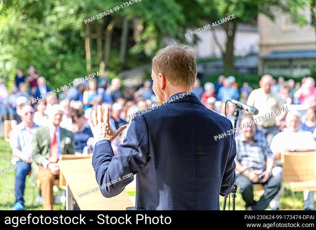 24 June 2023, Saxony, Bad Muskau: Michael Kretschmer (CDU), Prime Minister of Saxony, speaks at the ceremony marking the 200th anniversary of the Hermannsbad in...