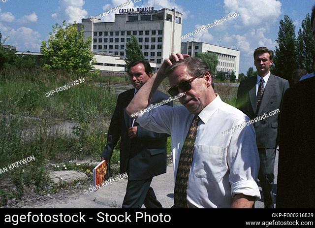 Czech President Vaclav Havel, white shirt, with a company visit the city of Pripyat in abandoned territory in Ukraine nearby Chernobyl Nuclear Power Plant