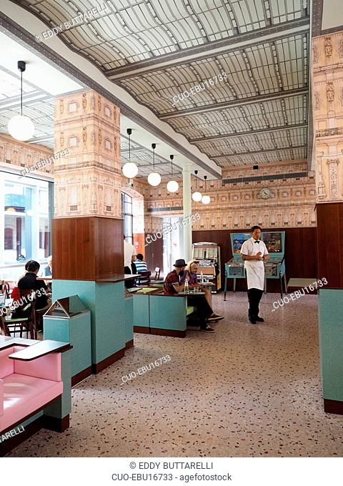 Bar Luce cafè, designed by film director Wes Anderson, Fondazione Prada foundation, Largo Isarco square, Milan, Lombardy, Italy, Europe