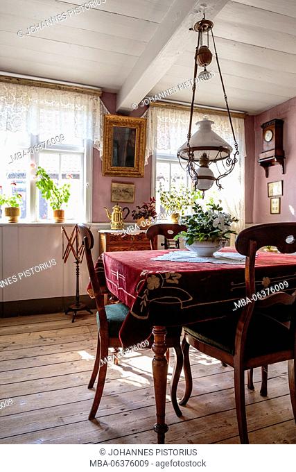 Europe, Denmark, Bornholm, Roenne, dining room in the Erichsens Gård / Erich's farm, museum