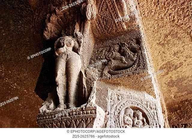 Cave 1, Porch pillar, detail of bracket figure, Aurangabad Caves, Aurangabad, Maharashtra, India
