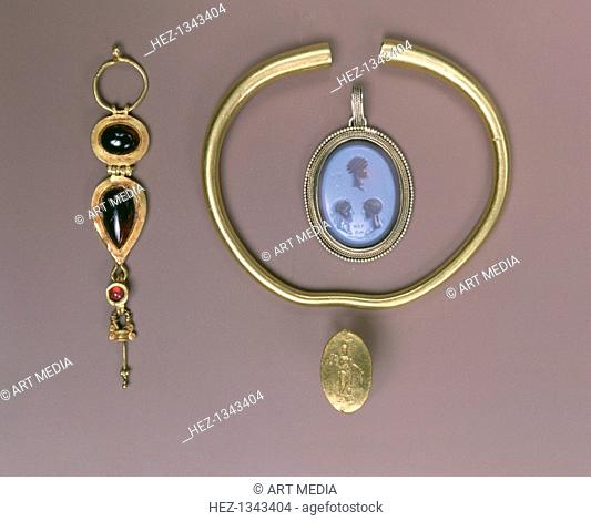 Assorted Greek and Roman jewelry, 4th century BC-17th century. Greek gold ring, 4th century BC, Gold bracelet, Parthian, 2nd century AD, golden earing, Roman