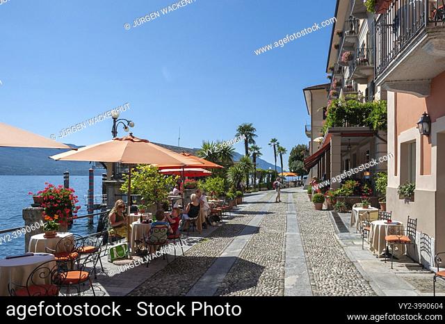 Promenade and restaurant on the shore of Lake Maggiore, Cannero Riviera, Piedmont, Italy, Europe