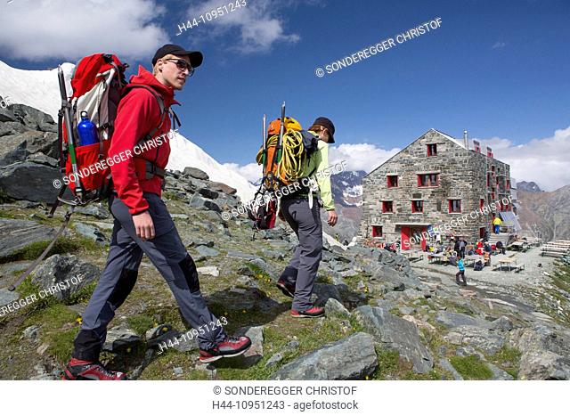Switzerland, Europe, mountain, mountains, canton, Valais, hut, mountain house, alp hut, valley of Saas, Saas Fee, Britannia hut, SAC, couple, walk