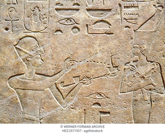 Detail of a relief showing Queen Hatshepsut burning incense to honour a god. From the Red Chapel of Hatshepsut which was demolished by her successor Tuthmosis...