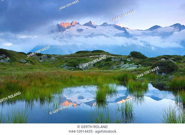 Moosfluh, Switzerland, Valais, Aletsch area, pool, puddle, morning light, reflection, mountains, Fusshörner, clouds, nature