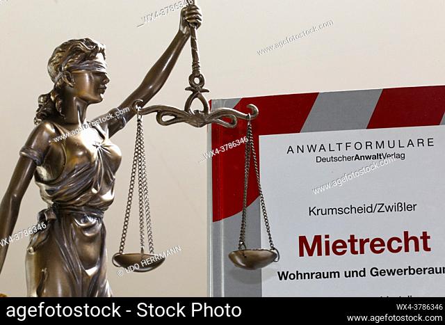 Symbol image: Reference book tenancy law (Mietrecht) and a Justitia (editorial)