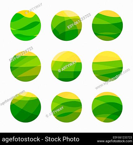 Vegan food green field with yellow sun. Vegetarian restaurant, cafe logo. Isolated abstract decorative logos set, design element template on white background