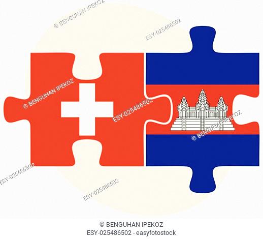 Switzerland and Cambodia Flags in puzzle isolated on white background
