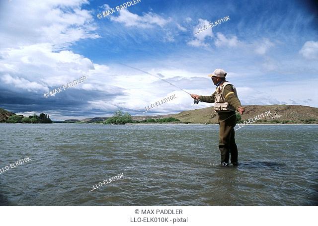 Portrait of a Man Fishing in a River  Junin De Los Andes, Lake District, Argentina, South America