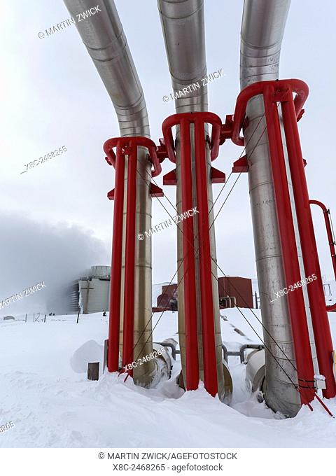 Geothermal power plant Kroefluvirkjun near the vulcano Krafla and lake Myvatn in the snowy highlands of wintery Iceland. europe, northern europe, iceland