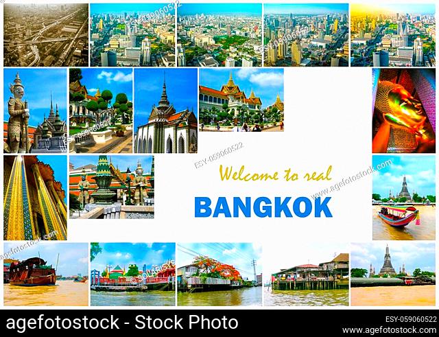 Collage of landmarks of Bangkok, Thailand. Temples of Bangkok. The arial panorama of Bangkok city. Choapraya river and boats against Grand Palace at Bangkok