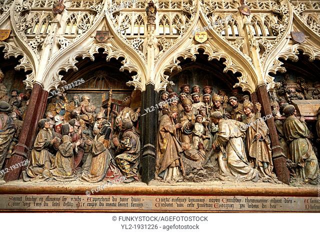 Gothic sculptures (1530 ) depicting scenes from the life of St Firmin (3rd century), Cathedral of Notre-Dame, Amiens, France