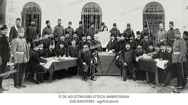 A polling station in Istanbul, with Muslim, Armenian and Greek Orthodox representatives, Turkish elections, photograph by Trampus, from L'Illustrazione Italiana