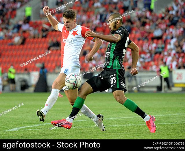 Lukas Masopust of Slavia, left, and Aissa Laidouni of Ferencvaros in action during the soccer Champions League 3rd qualifying round return match Slavia Praha vs...
