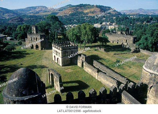 Imperial Fasilidas castle of Gondar. View from height. Groundplan. Commanding position over countryside