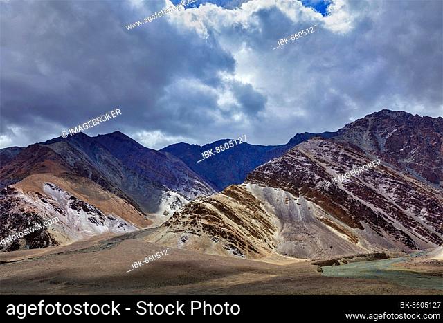 Himalayan landscape in Himalayas mountains. Near Chumathang, Ladakh, India, Asia