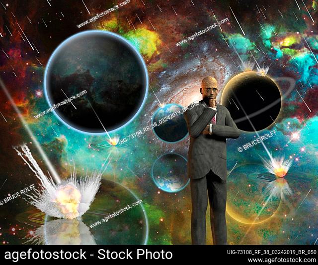 Planetary Armageddon. Massive meteorite - asteroid shower destroy planets. Thinking businessman. 3D rendering