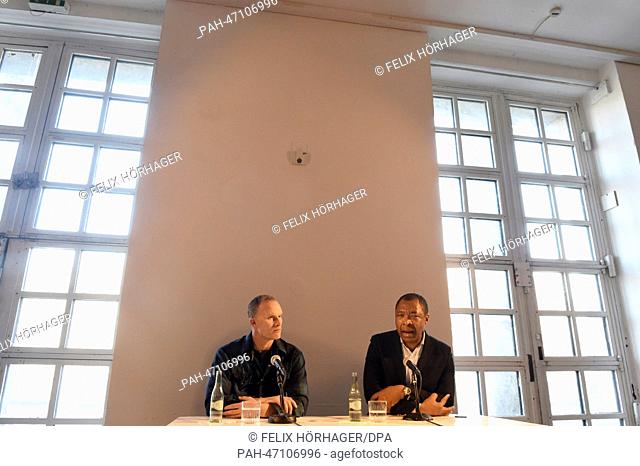 US American artist Matthew Barney (L) and director of Haus der Kunst Munich Okwui Enwezor sit during a press conference about his exhibition ""Matthew Barney:...