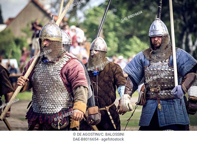 Warriors with helmets, armour and pikes, Festival of Slavs and Vikings, Centre of Slavs and Vikings, Jomsborg-Vineta, Wolin island, Poland