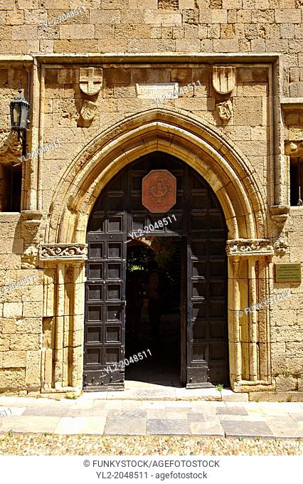 Entrance to the French speaking lodge of Knights, today the French consulate, Rhodes, Greece, UNESCO World Heritage Site