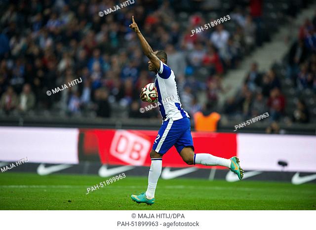Berlin's Ronny cheers after his 1-2 goal during the German Bundesliga soccer match between Hertha BSC and FSV Mainz 05 at Olympic stadium in Berlin, Germany