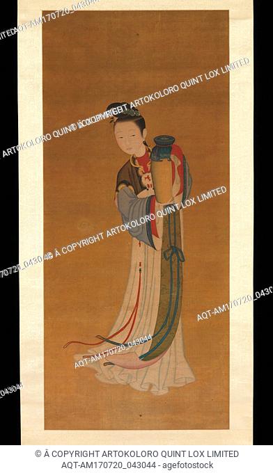 æ¸…, ä½šå, æŒç“¶ä»•å¥³, è»¸, Girl Bringing Jar of Wine, Qing dynasty (1644â€“1911), 18th century, China, Hanging scroll; ink and color on silk
