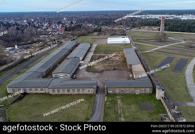 04 March 2020, Brandenburg, Oranienburg: The industrial yard on the grounds of the Sachsenhausen memorial (aerial photo with a drone)