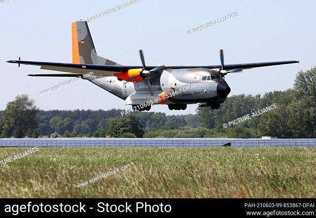 03 June 2021, Mecklenburg-Western Pomerania, Barth: A Bundeswehr Transall aircraft specially painted for its farewell flight lands for the last time at...