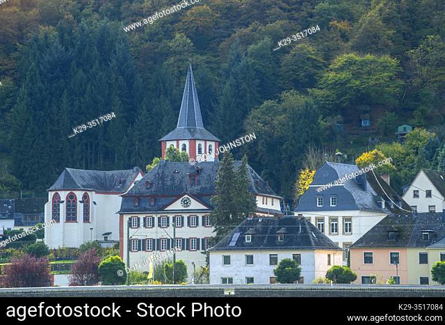 Middle Rhine scenic cruise- church and town buildings, Hirzenach, Rhineland-Palatinate, Germany
