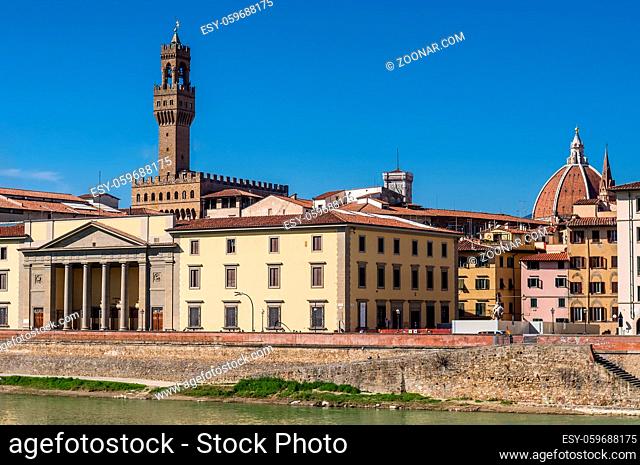 Florence Chamber of Commerce (Camera di Commercio di Firenze) and tower of Old Palace (Palazzo Vecchio). Florence, Tuscany, Italy