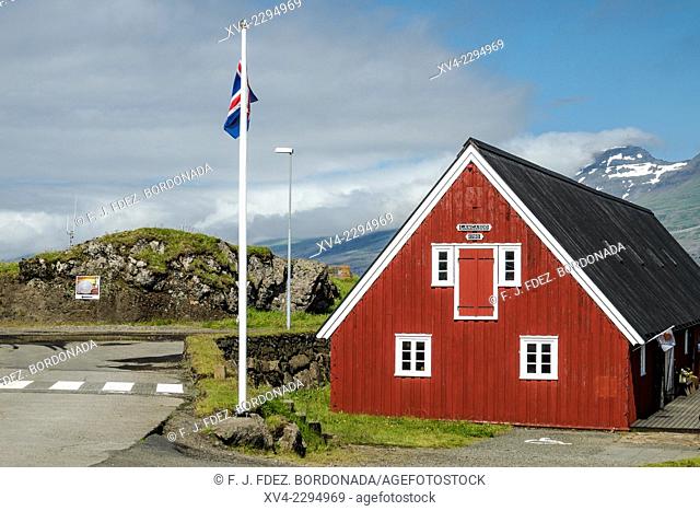 Djúpivogur famous red building. A typical restaurant from refurbised warehouse museum. Iceland east