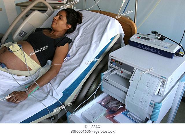 FETAL MONITORING<BR>Photo essay from hospital.<BR>Woman about to giving birth, with a fetal monitoring