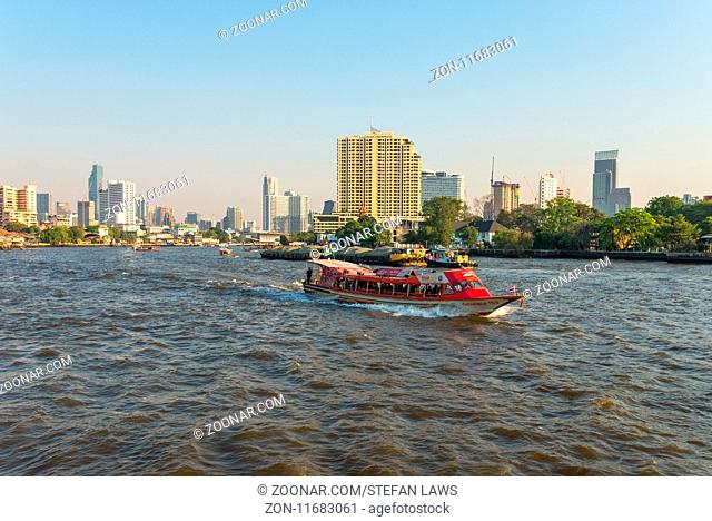 Chao Phraya Express Boat on the major river in Bangkok. The company of the boats serves with 4 lines on the river Chao Phraya