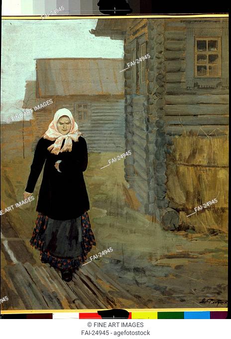 In a country village. Going to church. Ryabushkin, Andrei Petrovich (1861-1904). Watercolour on paper. Realism. 1903. Russia