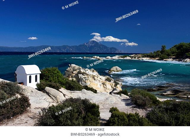 coastal landscape at Sarti with chapel, Greece, Chalkidiki