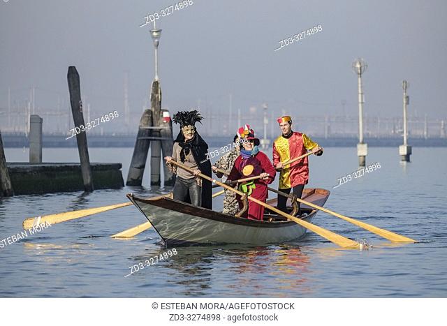 Moment of the 2019 Venice Carnival , canal regata and parade